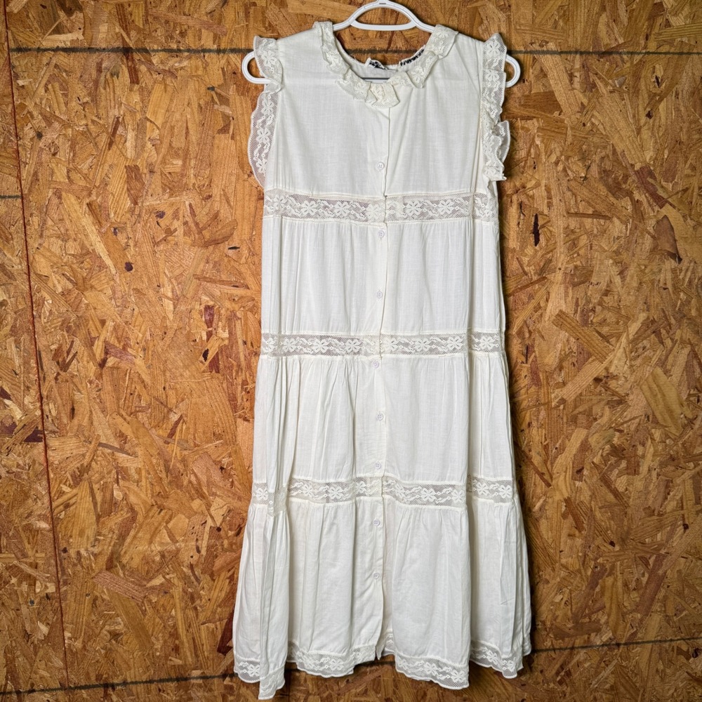 VTG Bloomingdale's White Tiered Lace Midi Dress Cottagecore Boho Prairiecore M